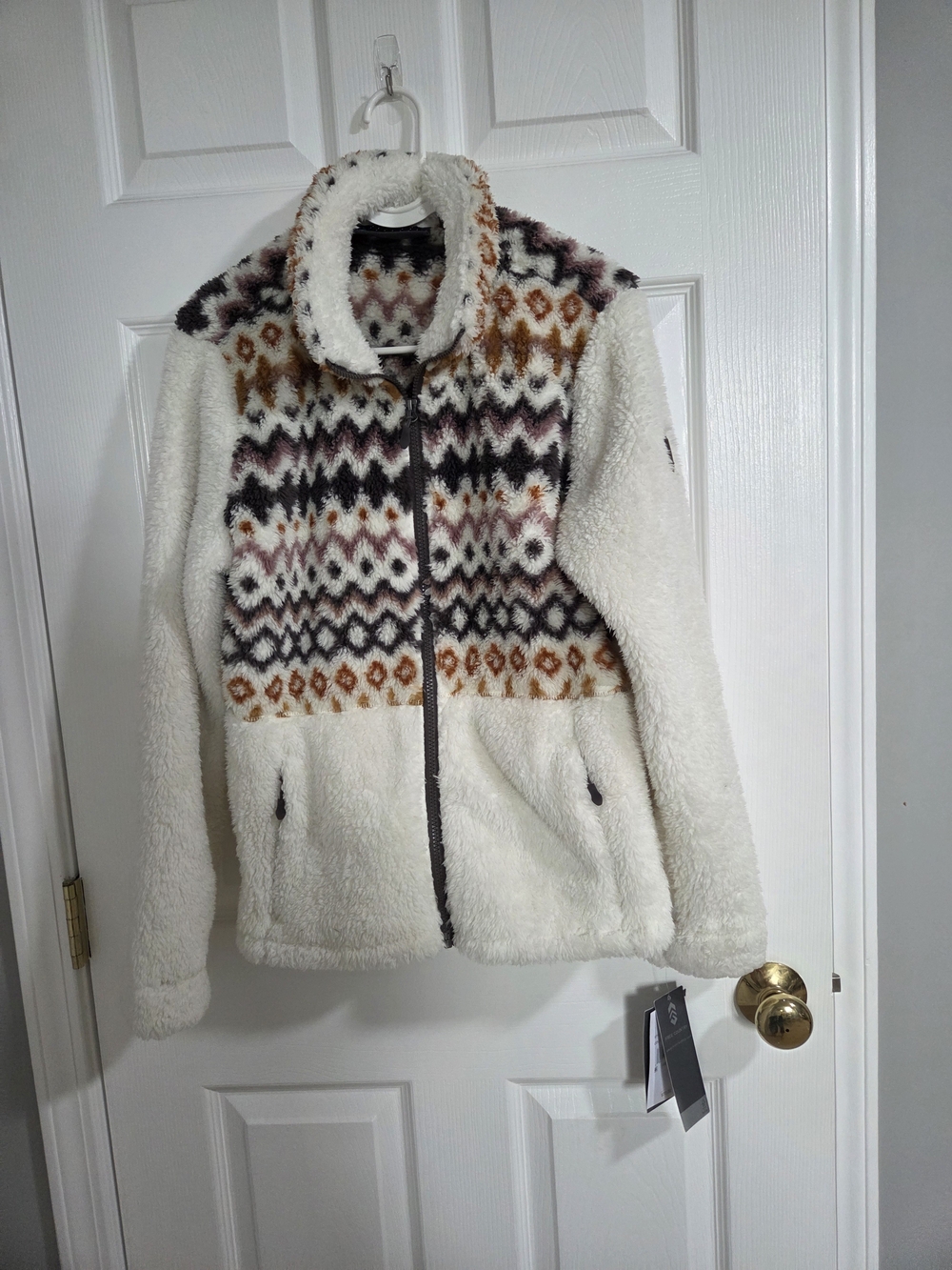Free Country Ivory Sherpa Jacket with Multicolor Fair Isle Yoke